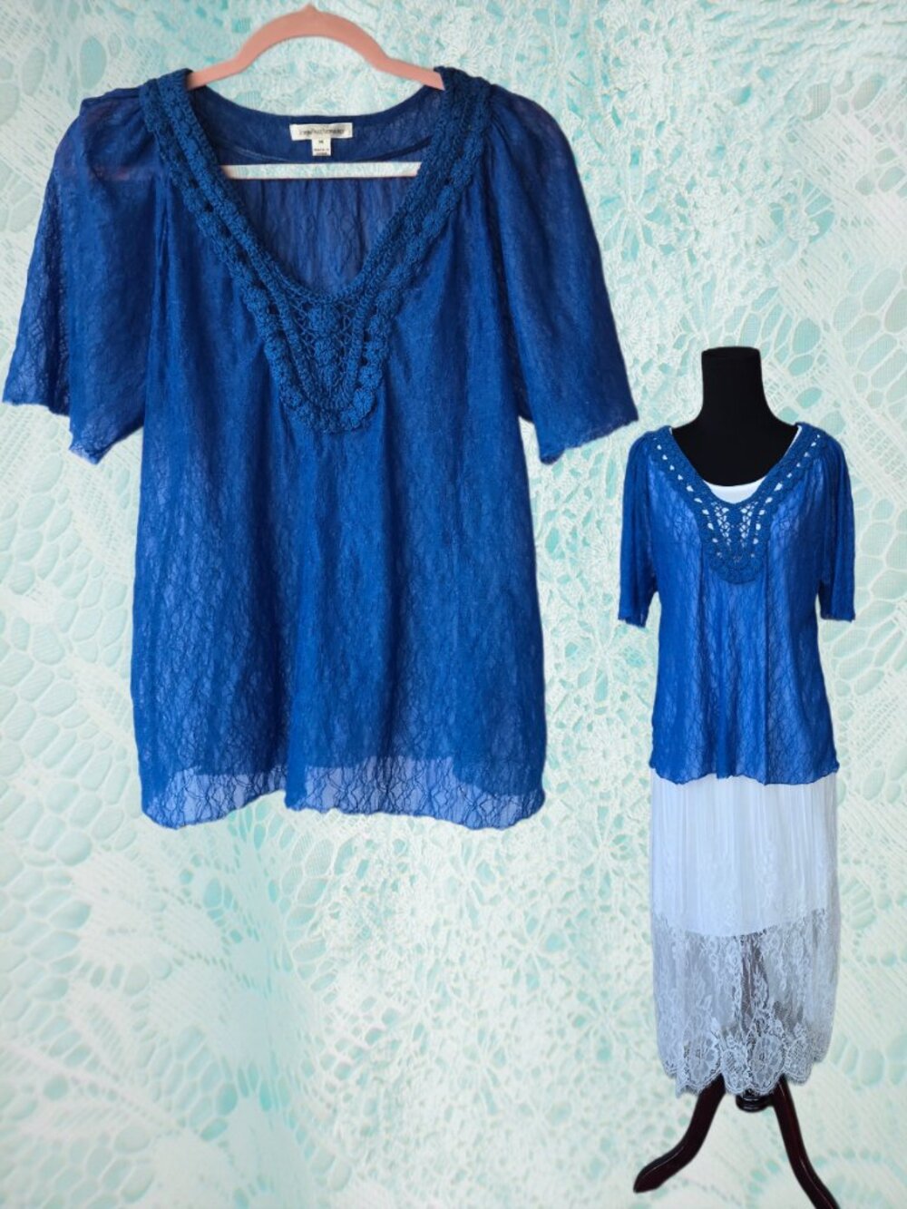 John Paul Richard Azure Blue Sheer Lace Flutter Sleeve Blouse Mermaidcore